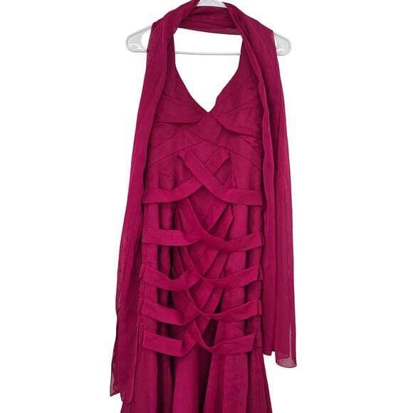 VINTAGE ALYCE DESIGNS SZ 6 FUSCHIA Y2K CHIFFON TIERED MAXI DRESS MATCHING SCARF - Picture 5 of 6